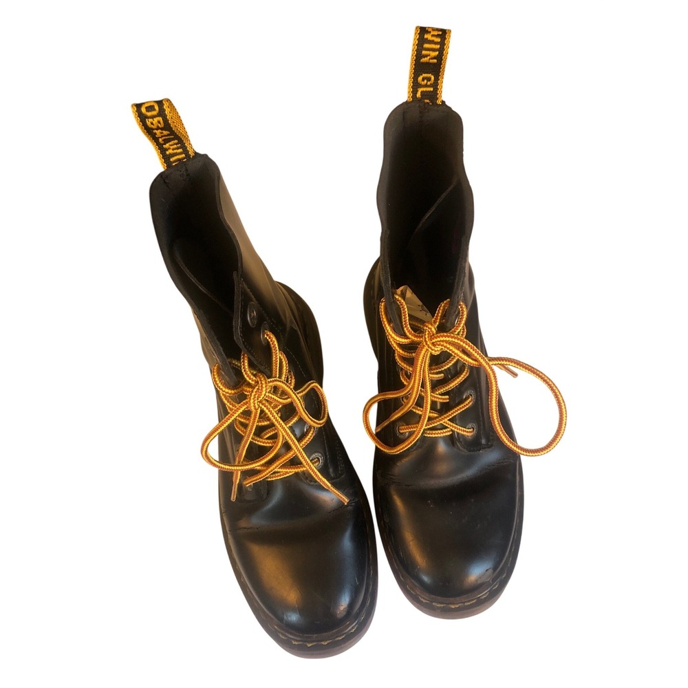 Black Military yellow stitch biker combat boots vegan goth grunge moto women 7.5